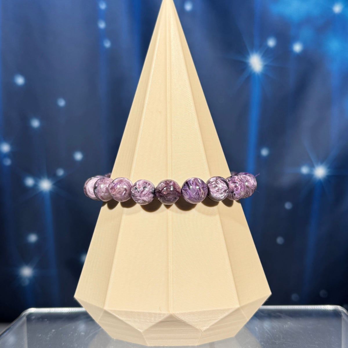 One (1) Charoite bracelet - 9mm beads, fits 6.5" wrist - flashy