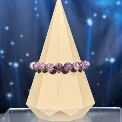 One (1) Charoite bracelet - 9mm beads, fits 6.5" wrist - flashy