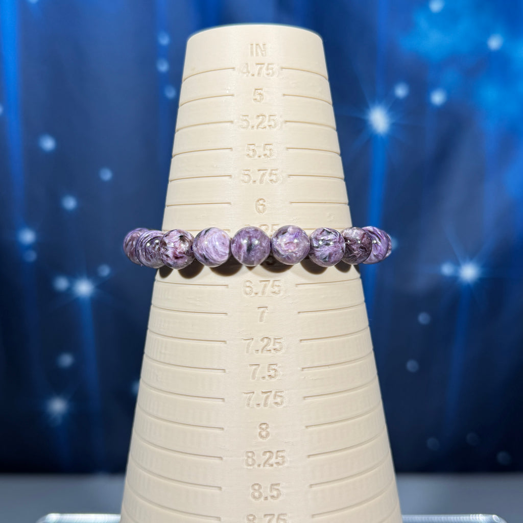 One (1) Charoite bracelet - 9mm beads, fits 6.5" wrist - flashy