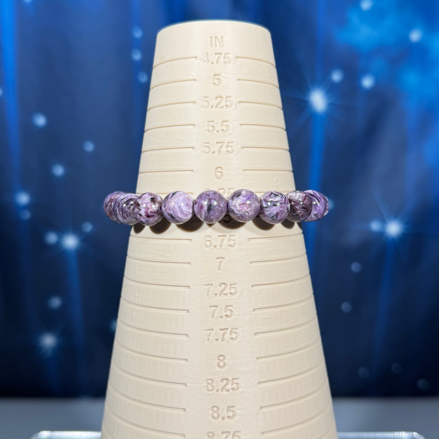 One (1) Charoite bracelet - 9mm beads, fits 6.5" wrist - flashy