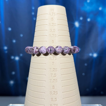 One (1) Charoite bracelet - 9mm beads, fits 6.5" wrist - flashy