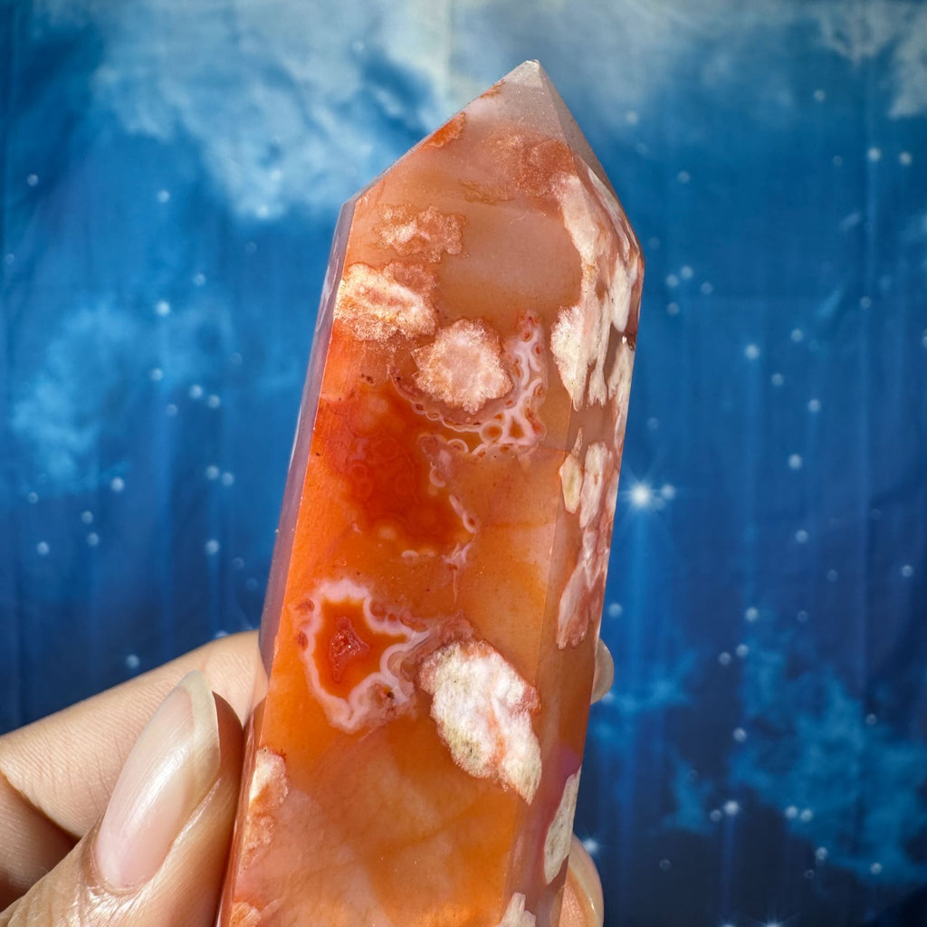 Carnelian Flower Agate Point – Heated • 0.136 kg