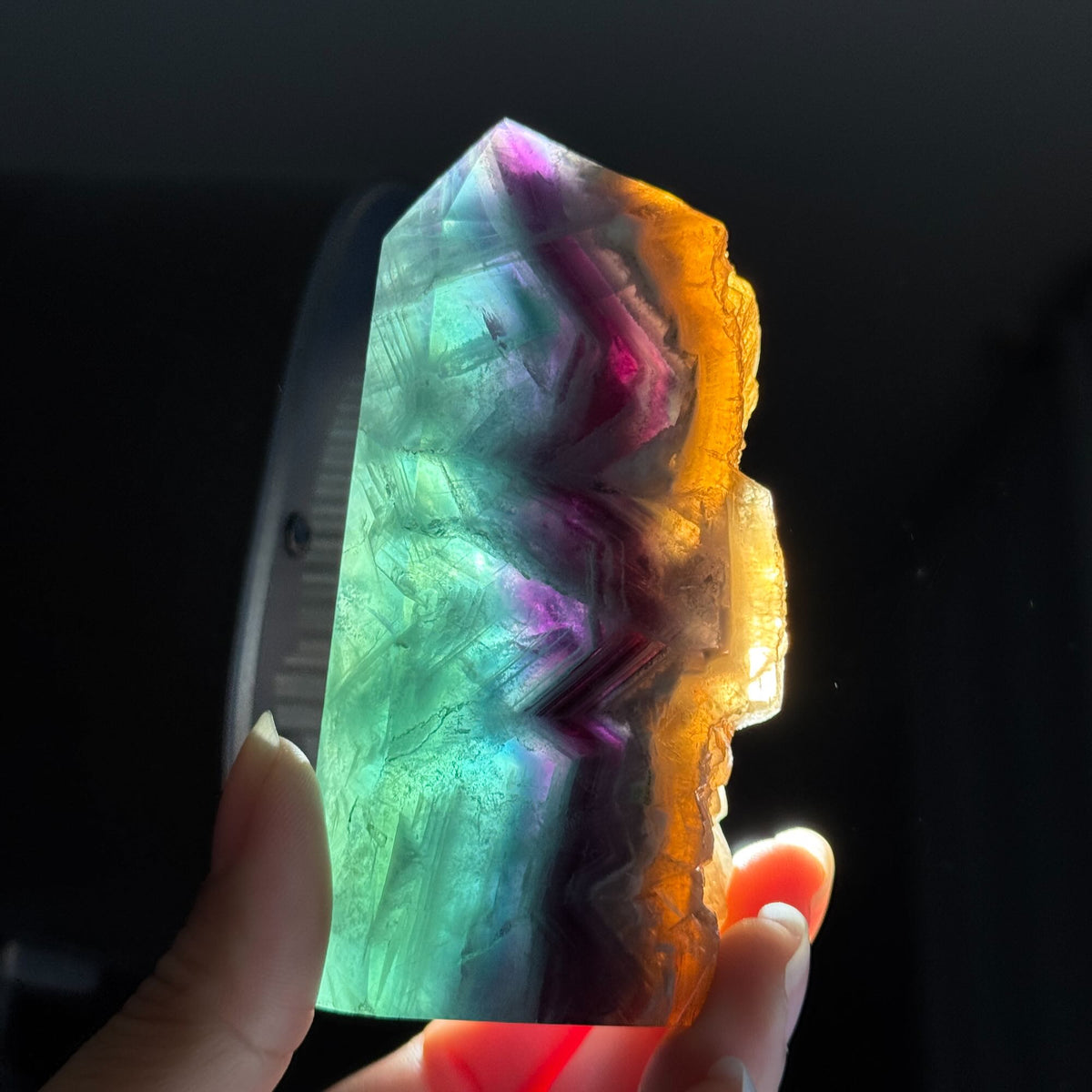 Rainbow Fluorite Point with a Natural Raw Side – 0.320 kg