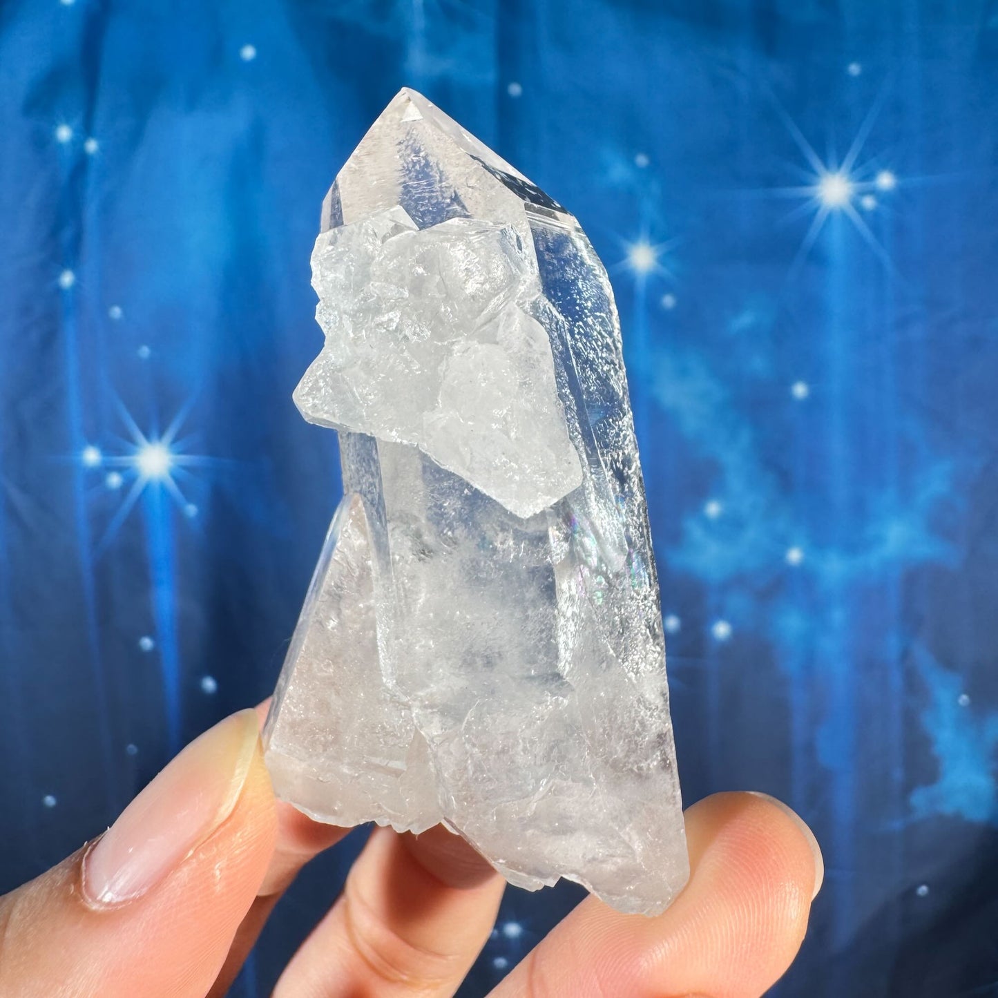 Clear quartz natural point - 2 3/4" × 1 1/2" × 1 1/4" - 2.4 oz - with rider crystal