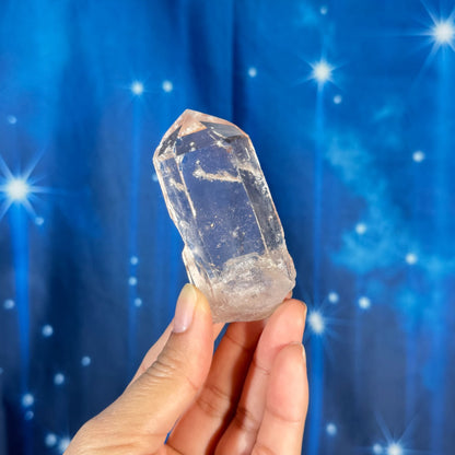 Clear quartz natural point with hematite inclusions - 1 3/8" × 1 1/8" × 3" - 3.6 oz - self-healed base