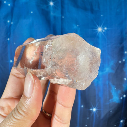 Clear quartz natural point with hematite inclusions - 1 3/8" × 1 1/8" × 3" - 3.6 oz - self-healed base