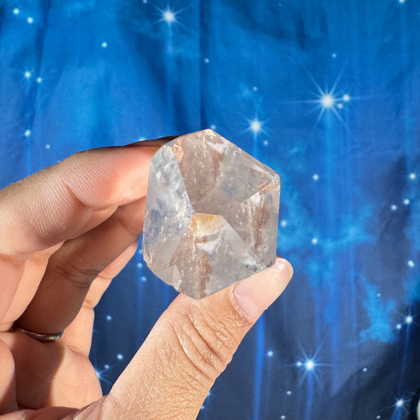 Clear quartz natural point with hematite inclusions - 1 3/8" × 1 1/8" × 3" - 3.6 oz - self-healed base