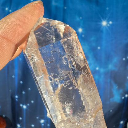 Clear quartz natural point with hematite inclusions - 1 3/8" × 1 1/8" × 3" - 3.6 oz - self-healed base