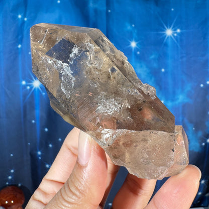 Rutilated smoky quartz point with elestial growth - 1 3/4" × 1 3/4" × 3 3/4" - 5.2 oz