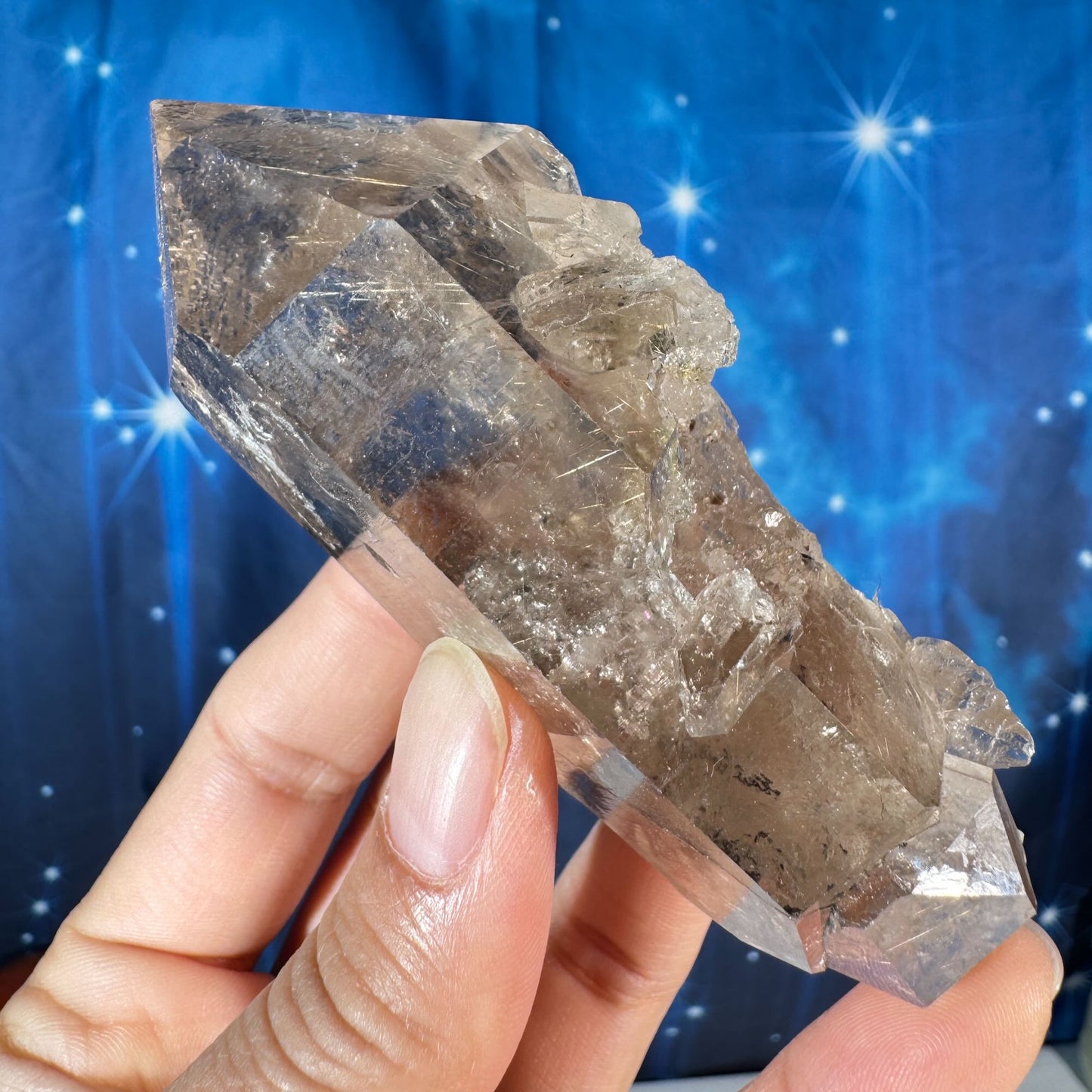 Rutilated smoky quartz point with elestial growth - 1 3/4" × 1 3/4" × 3 3/4" - 5.2 oz