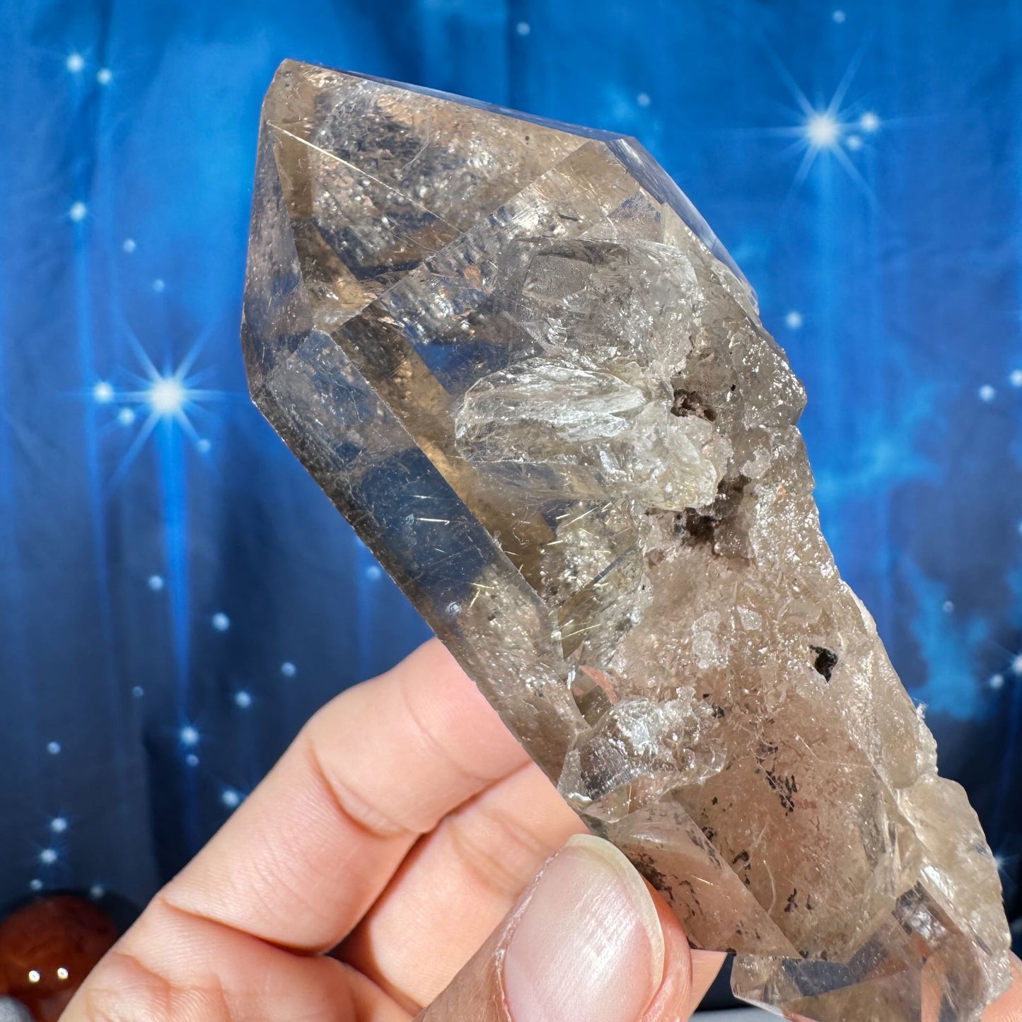 Rutilated smoky quartz point with elestial growth - 1 3/4" × 1 3/4" × 3 3/4" - 5.2 oz
