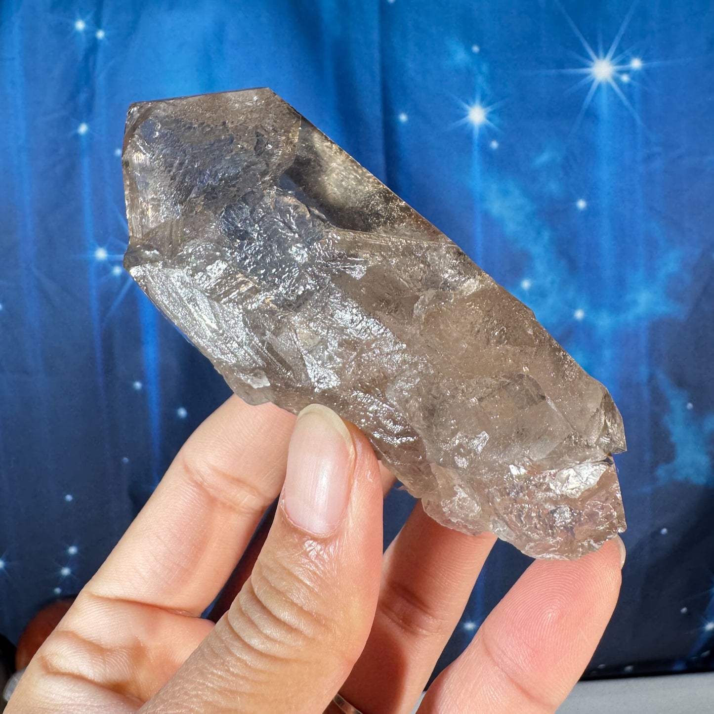 Rutilated smoky quartz point with elestial growth - 1 3/4" × 1 3/4" × 3 3/4" - 5.2 oz