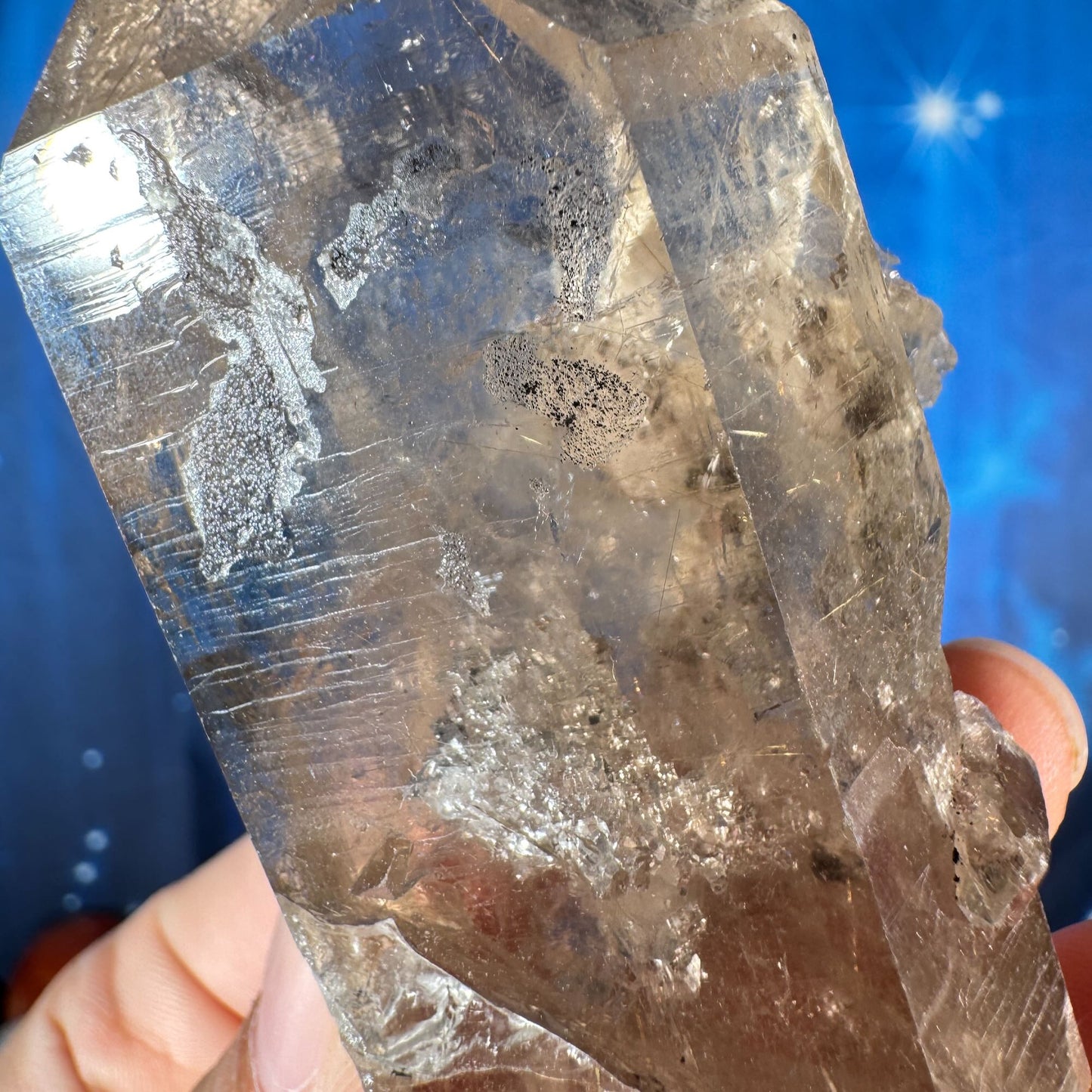 Rutilated smoky quartz point with elestial growth - 1 3/4" × 1 3/4" × 3 3/4" - 5.2 oz