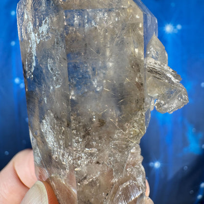 Rutilated smoky quartz point with elestial growth - 1 3/4" × 1 3/4" × 3 3/4" - 5.2 oz