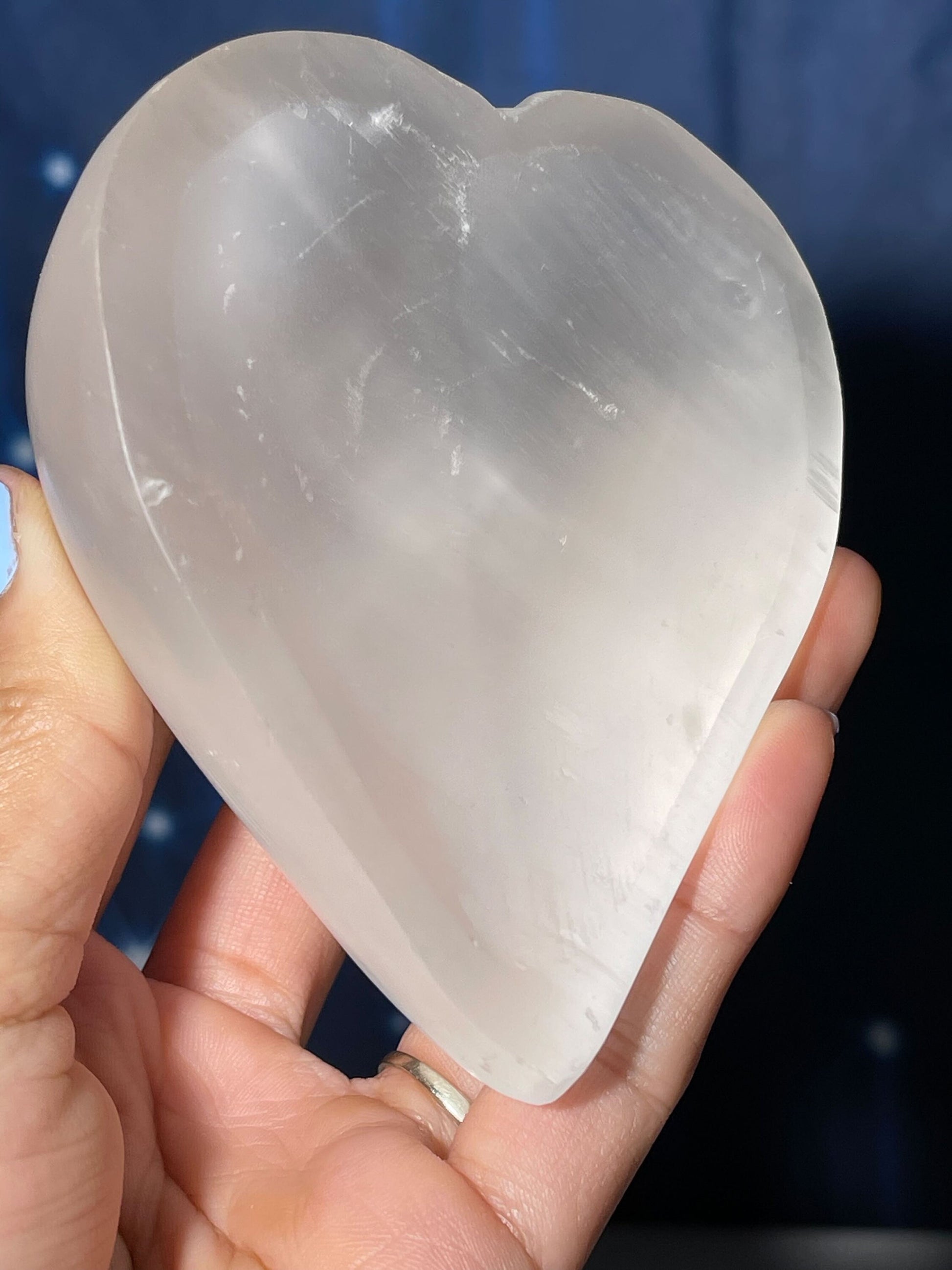 Satin Spar trinket dish | 3 1/2" long | 281 grams | heart dish | shallow trinket dish | Selenite Satin Spar