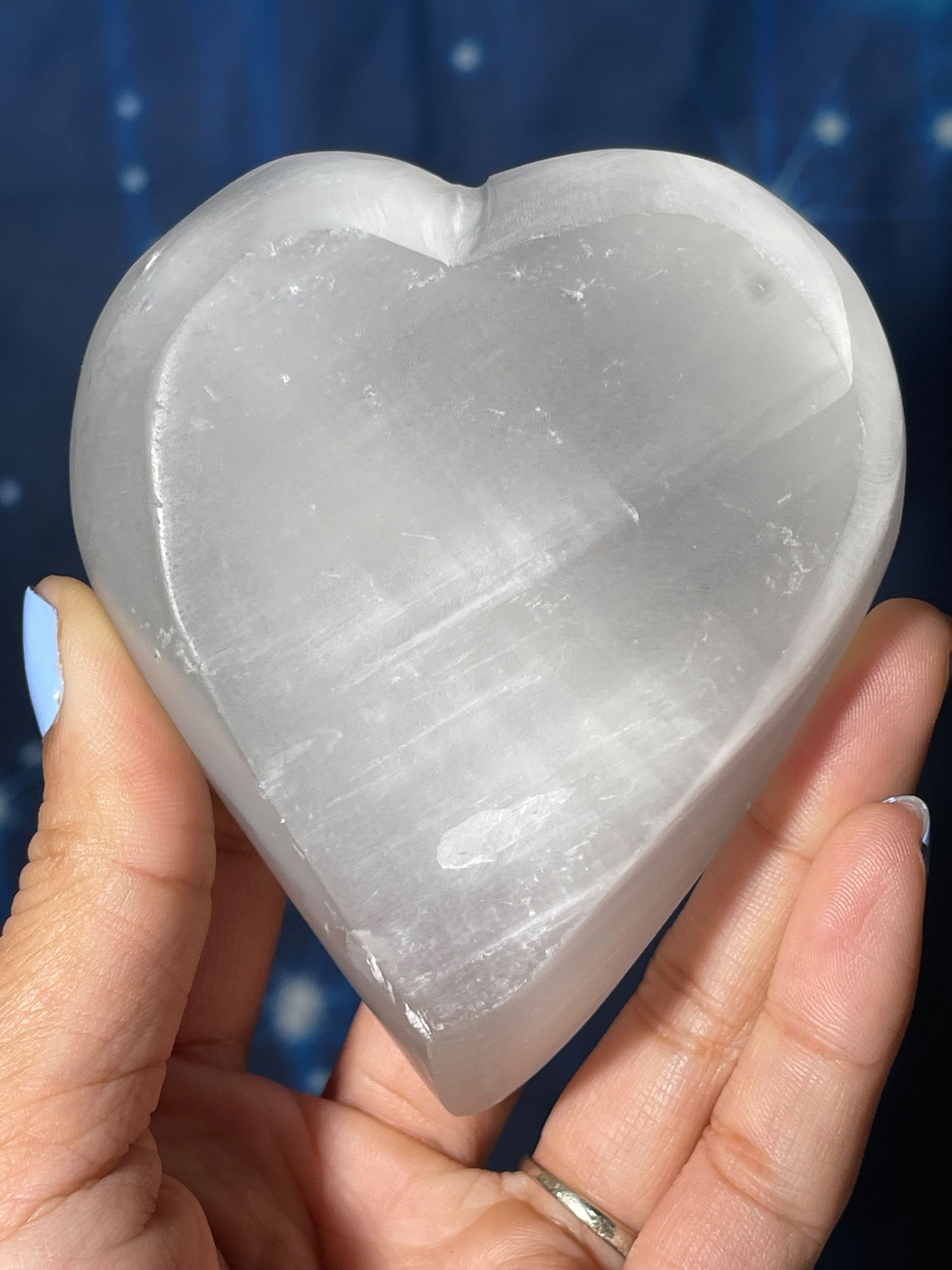 Satin Spar trinket dish | 3 1/2" long | 281 grams | heart dish | shallow trinket dish | Selenite Satin Spar
