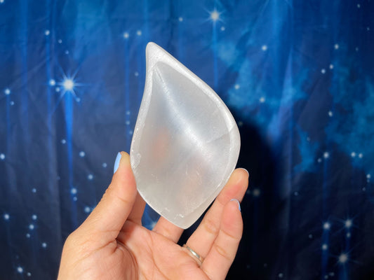 Satin Spar trinket dish | 4 3/8" long | 221 grams | leaf dish | shallow trinket dish | Selenite Satin Spar