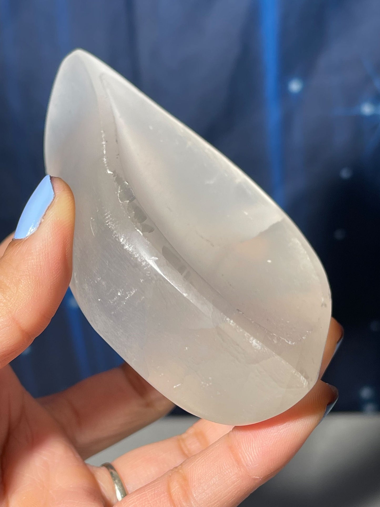 Satin Spar trinket dish | 4 3/8" long | 221 grams | leaf dish | shallow trinket dish | Selenite Satin Spar