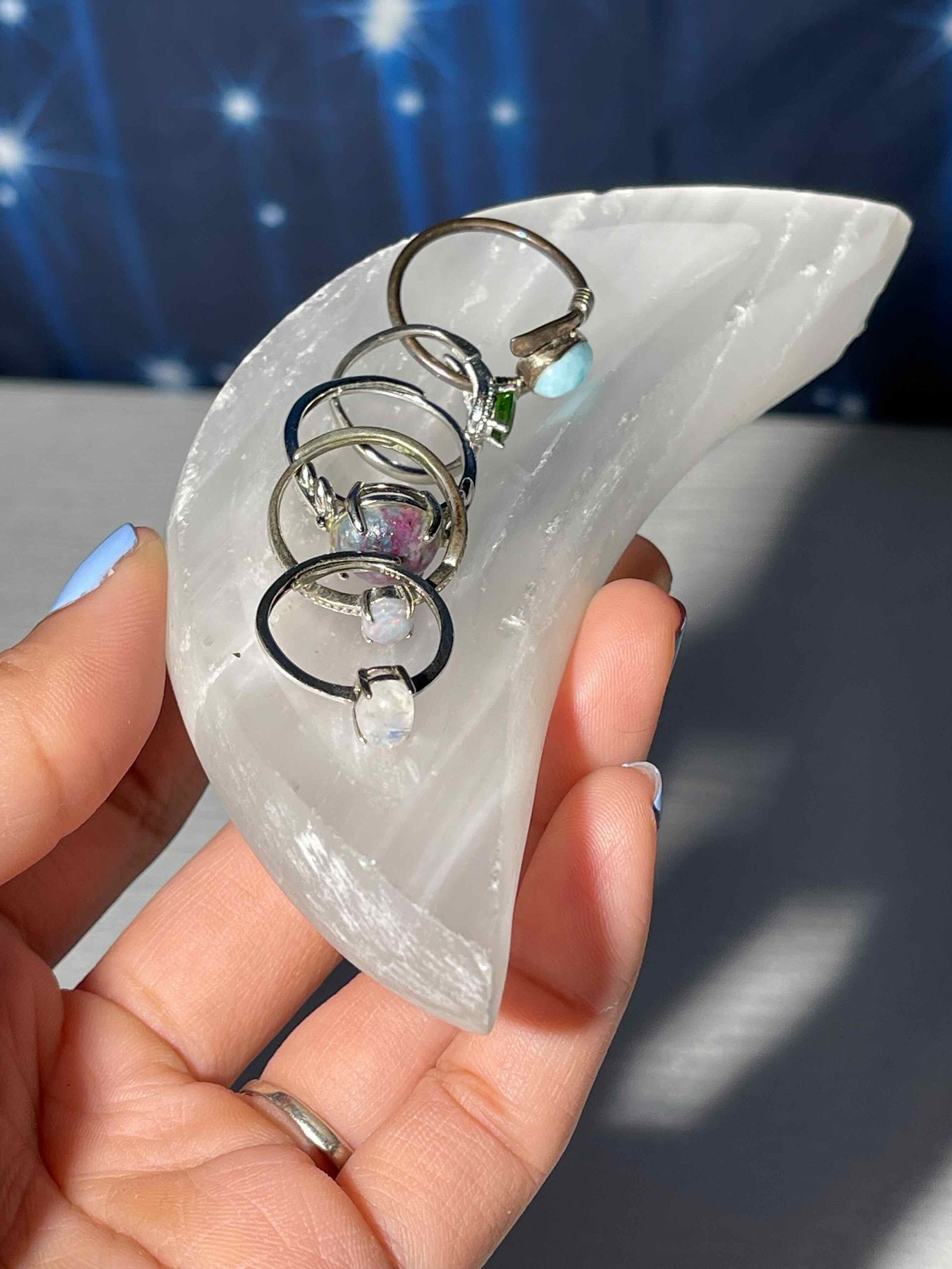 Satin Spar trinket dish | 4 1/2" long | 159 grams | crescent moon dish | crescent moon bowl