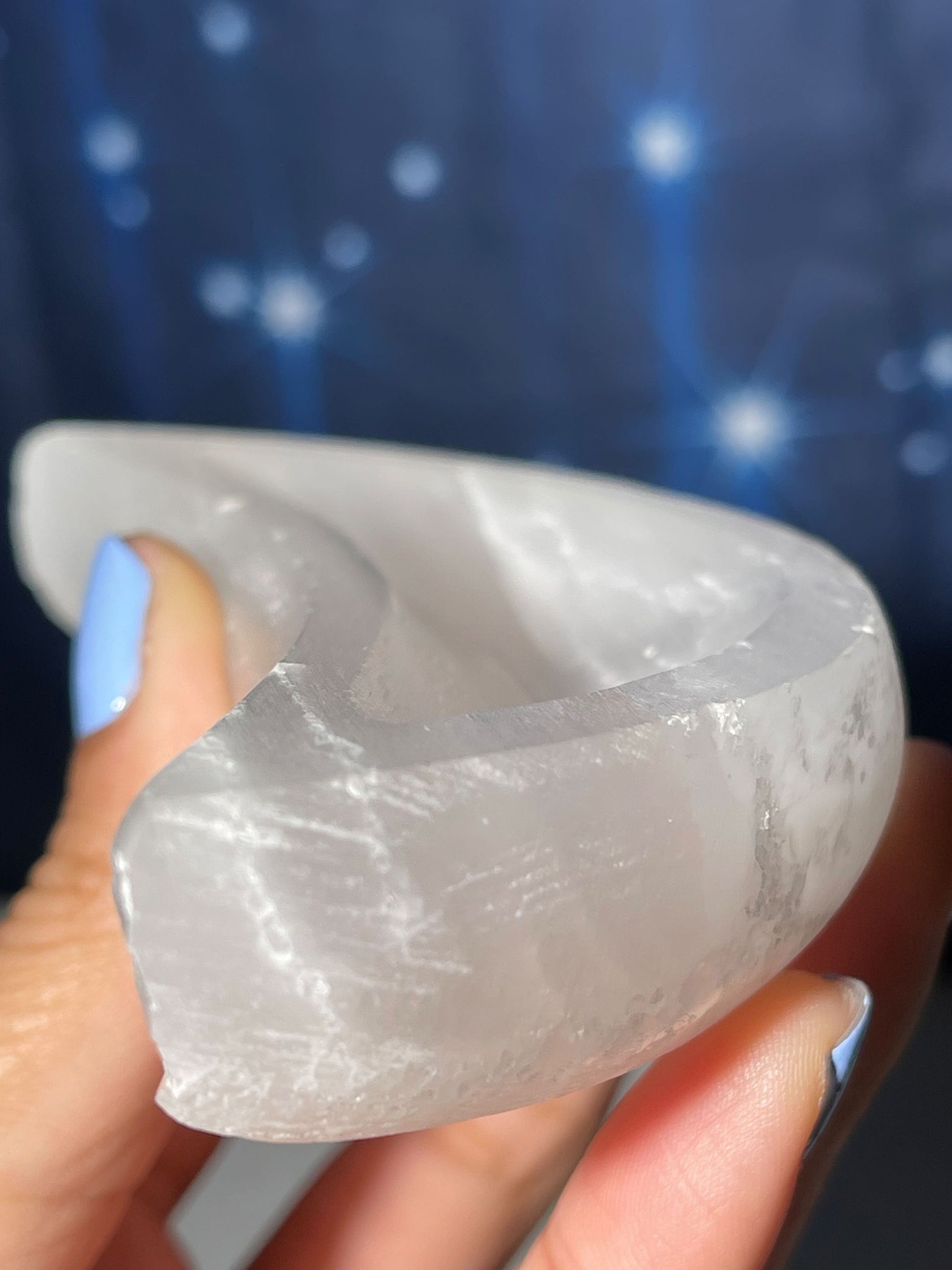 Satin Spar trinket dish | 4 1/2" long | 159 grams | crescent moon dish | crescent moon bowl