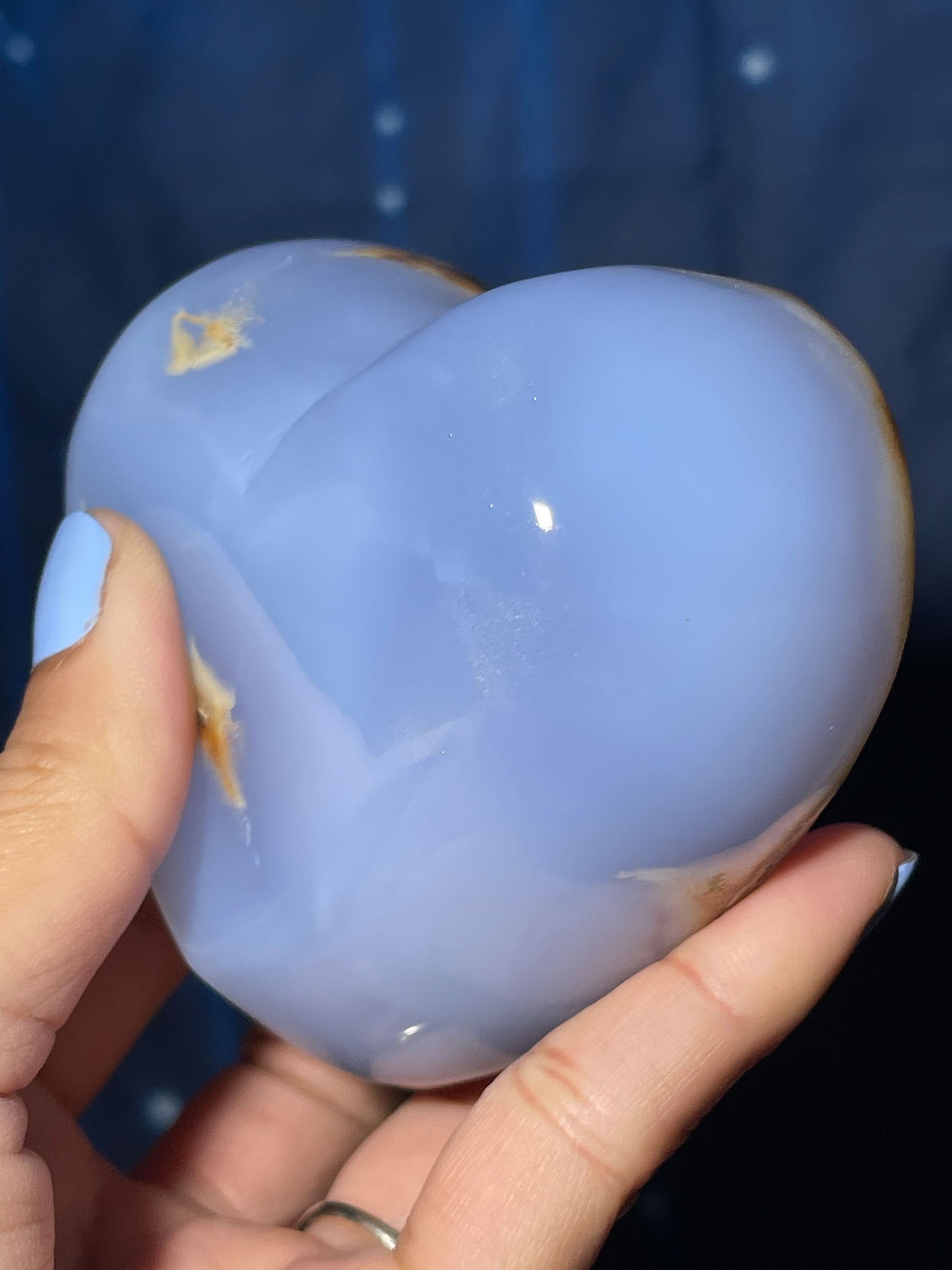 Blue Chalcedony trinket dish | 3 1/8" long | 346 grams | shallow heart bowl | heart trinket dish | translucent
