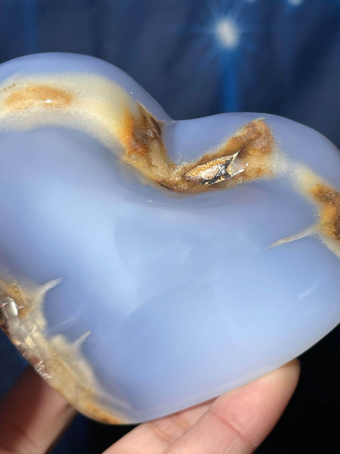 Blue Chalcedony trinket dish | 3 1/8" long | 346 grams | shallow heart bowl | heart trinket dish | translucent
