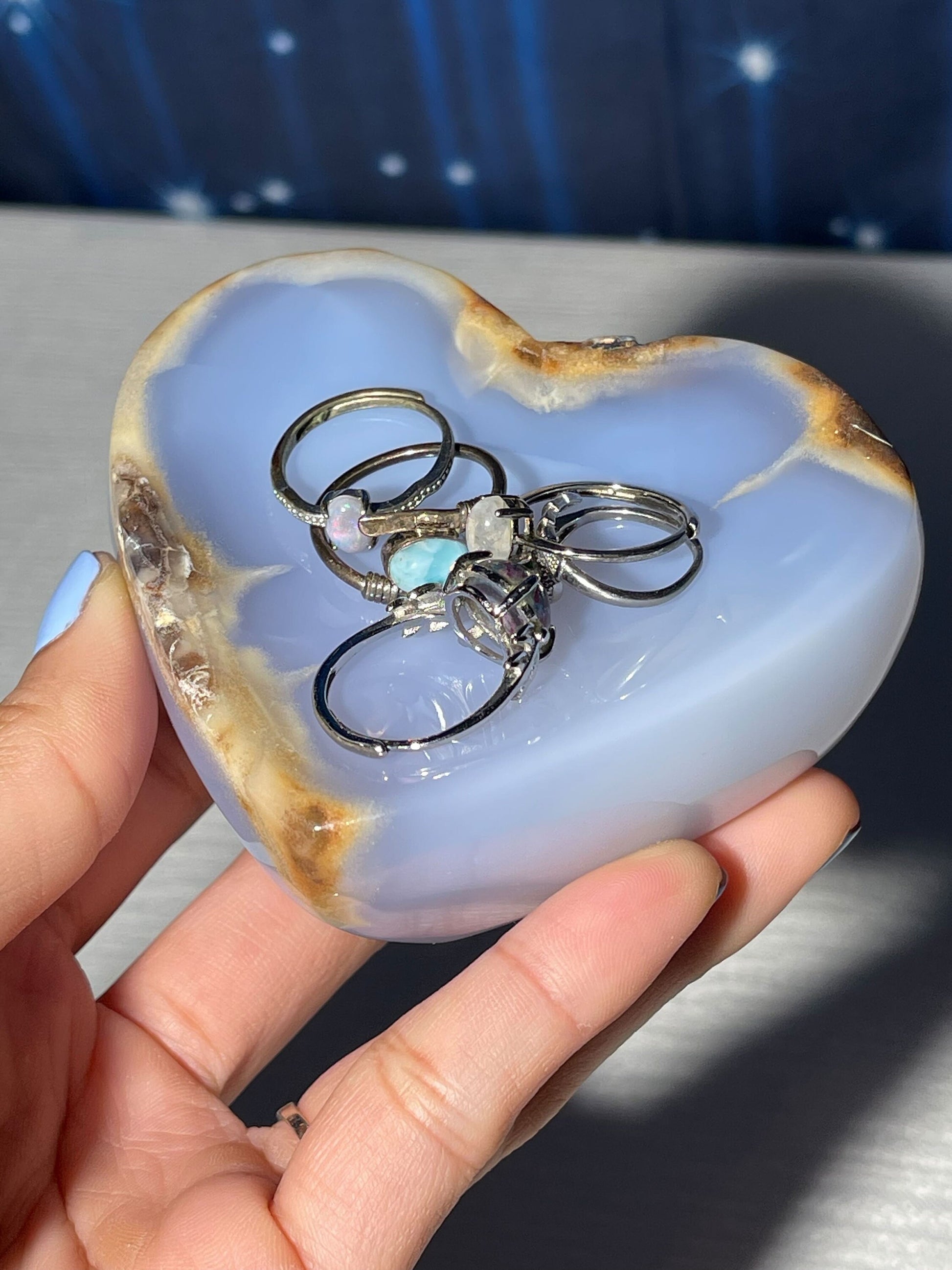 Blue Chalcedony trinket dish | 3 1/8" long | 346 grams | shallow heart bowl | heart trinket dish | translucent