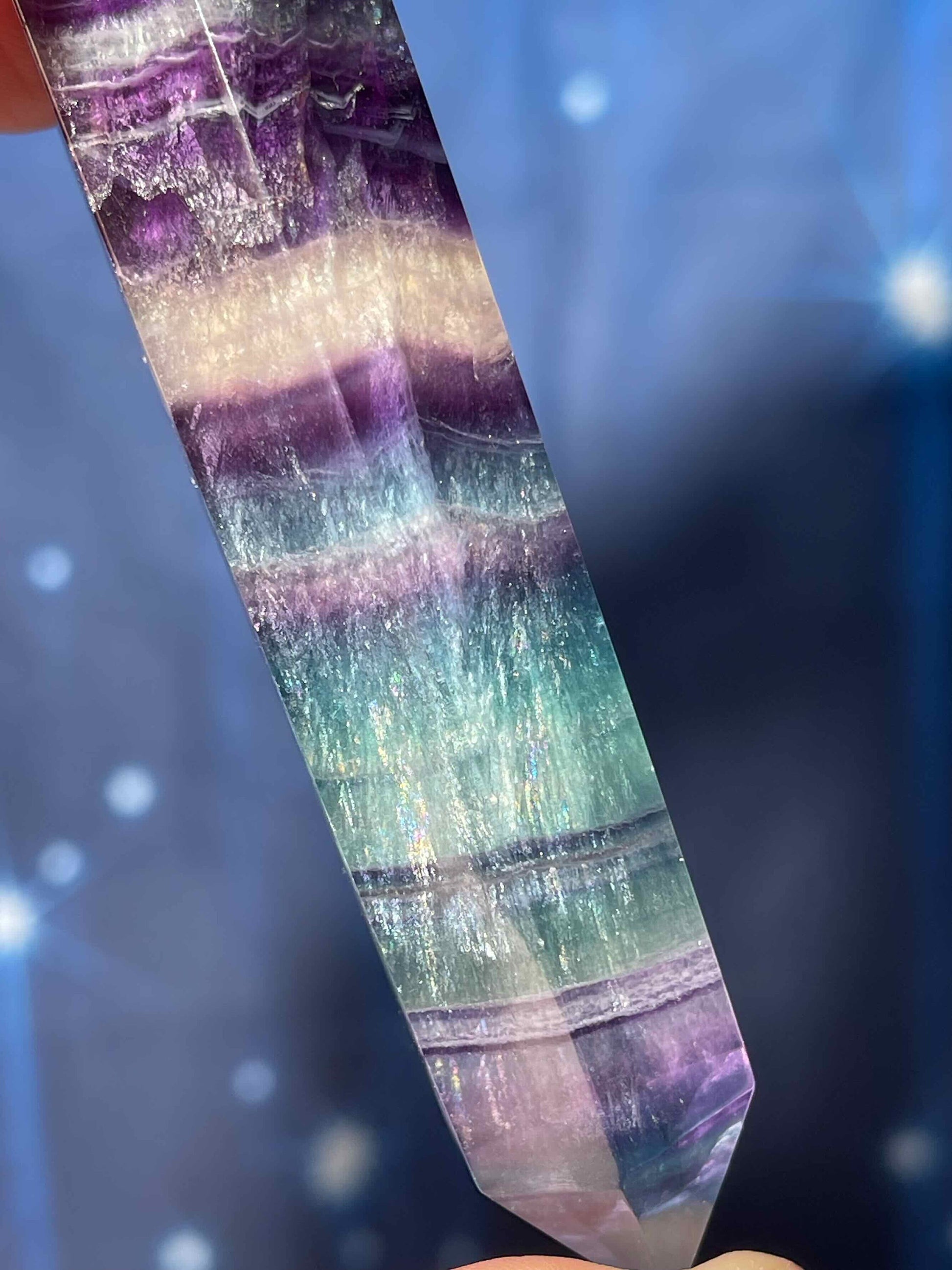 Rainbow Fluorite DT | 4 1/8" long | 105 grams | double termination | beautiful subtle rainbows | shimmery rainbows | Damage Discount