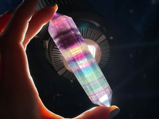 Rainbow Fluorite DT | 4 1/8" long | 105 grams | double termination | beautiful subtle rainbows | shimmery rainbows | Damage Discount