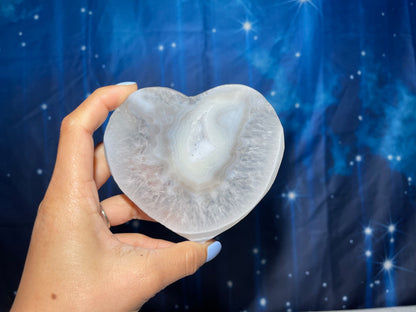 Druzy Agate heart carving | 4 1/4" long | 235 grams | Agate with Quartz | stand included