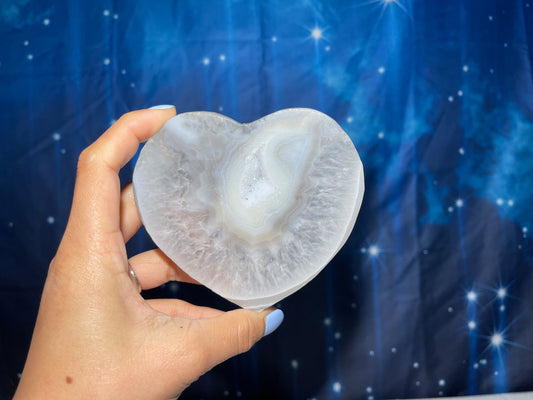 Druzy Agate heart carving | 4 1/4" long | 235 grams | Agate with Quartz | stand included