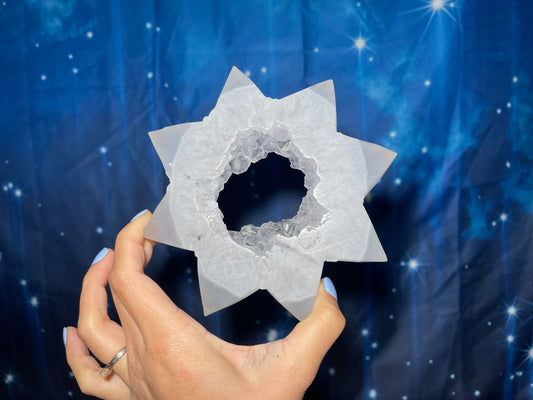 Druzy Agate sun carving | 5 3/4” long | 374 grams | Dendritic inclusion