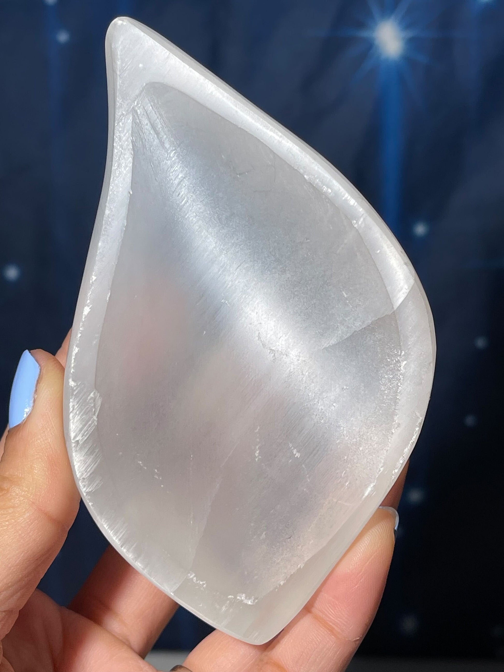 Satin Spar trinket dish | 4 3/8" long | 221 grams | leaf dish | shallow trinket dish | Selenite Satin Spar