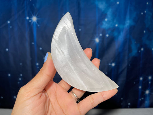 Satin Spar trinket dish | 4 1/2" long | 159 grams | crescent moon dish | crescent moon bowl