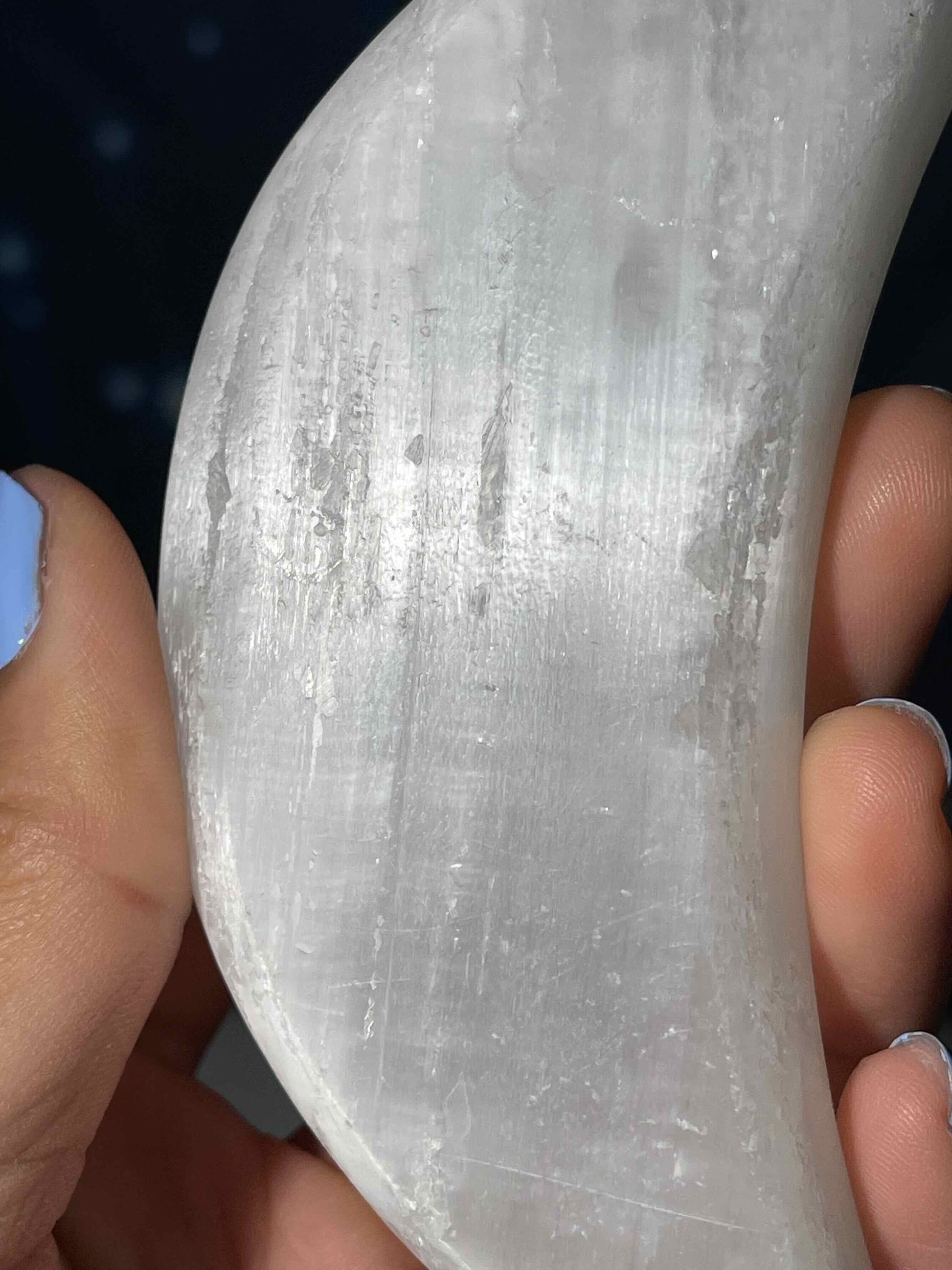 Satin Spar trinket dish | 4 1/2" long | 159 grams | crescent moon dish | crescent moon bowl