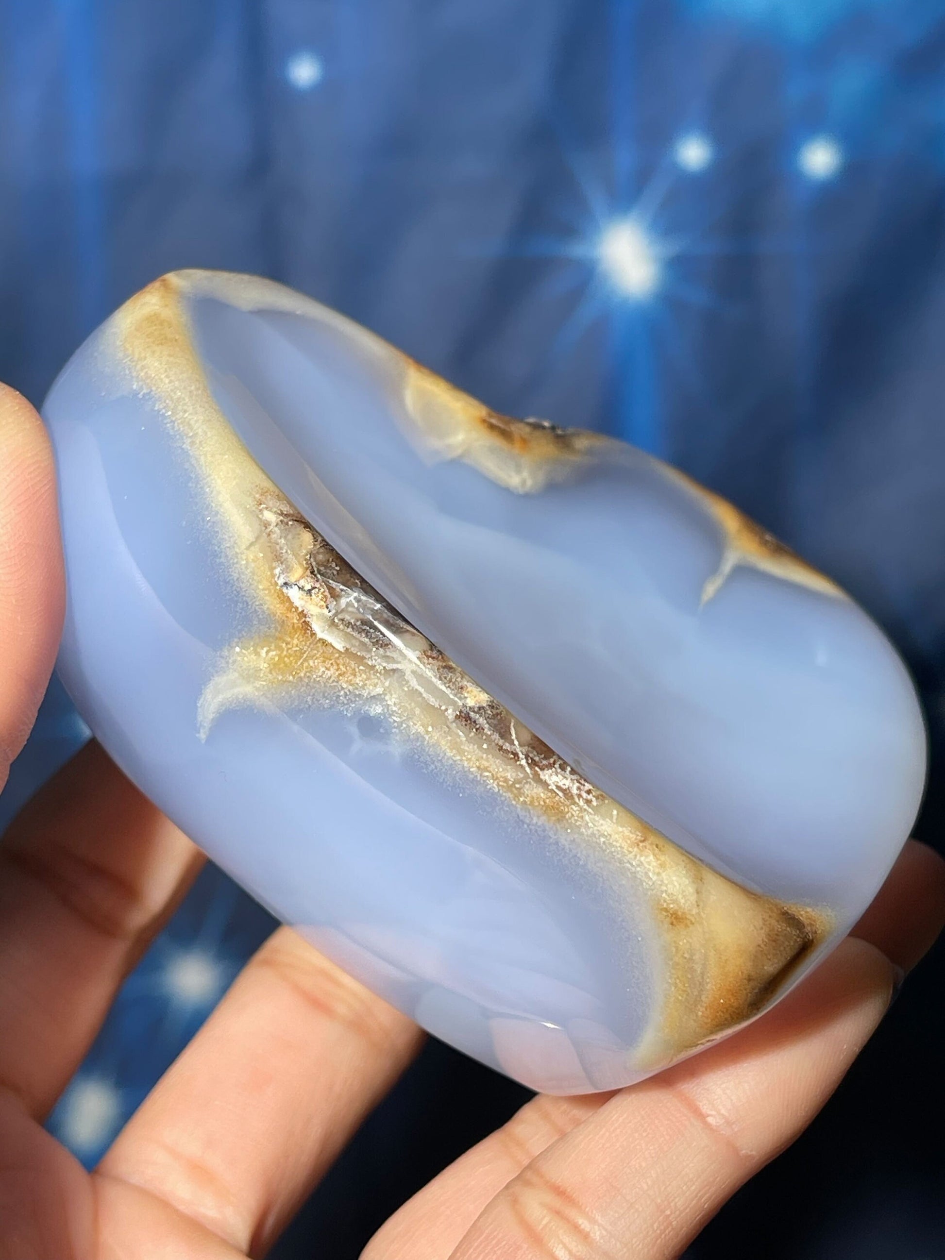 Blue Chalcedony trinket dish | 3 1/8" long | 346 grams | shallow heart bowl | heart trinket dish | translucent