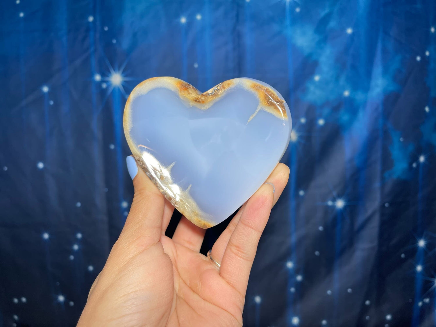 Blue Chalcedony trinket dish | 3 1/8" long | 346 grams | shallow heart bowl | heart trinket dish | translucent