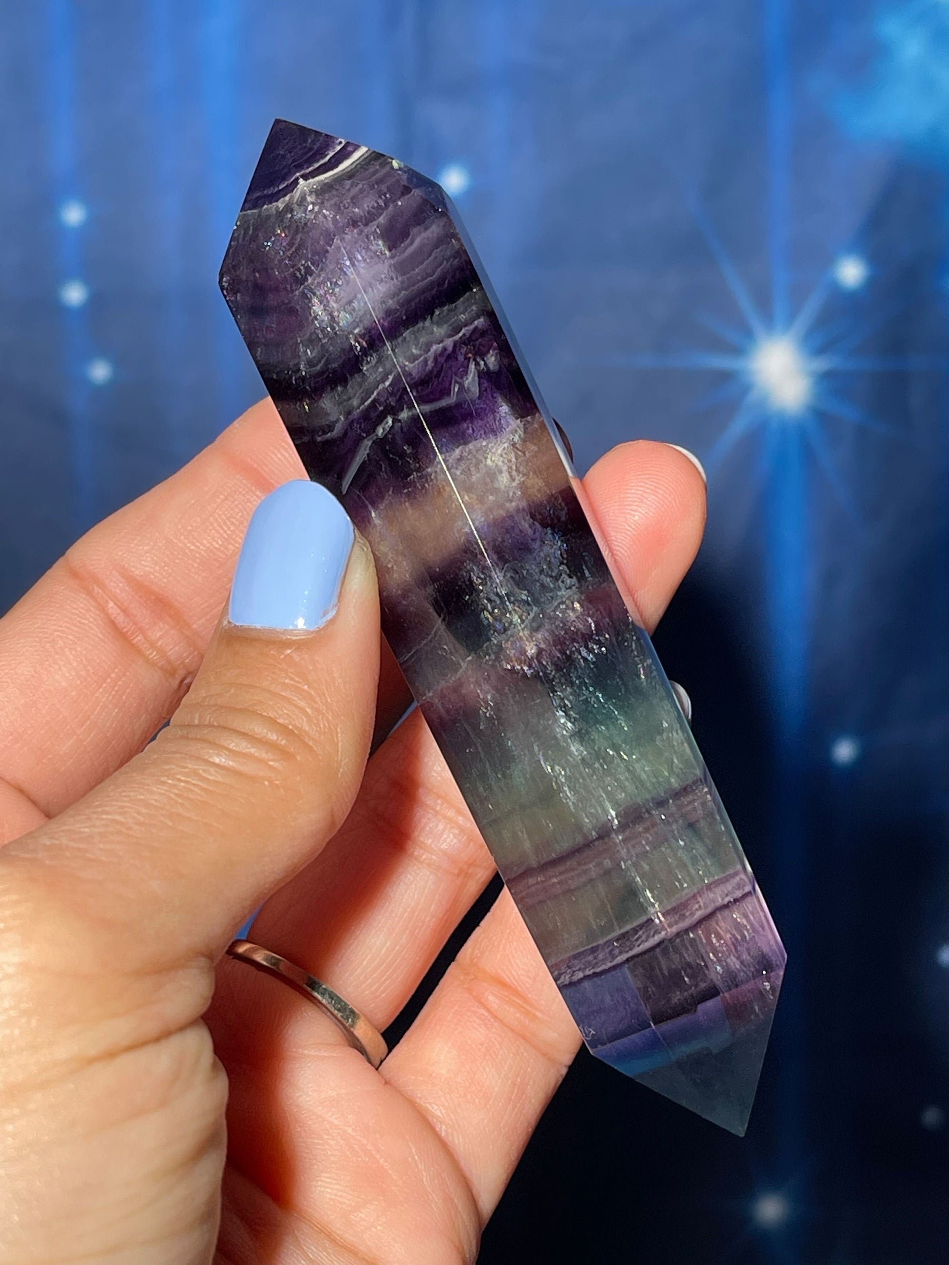 Rainbow Fluorite DT | 4 1/8" long | 105 grams | double termination | beautiful subtle rainbows | shimmery rainbows | Damage Discount