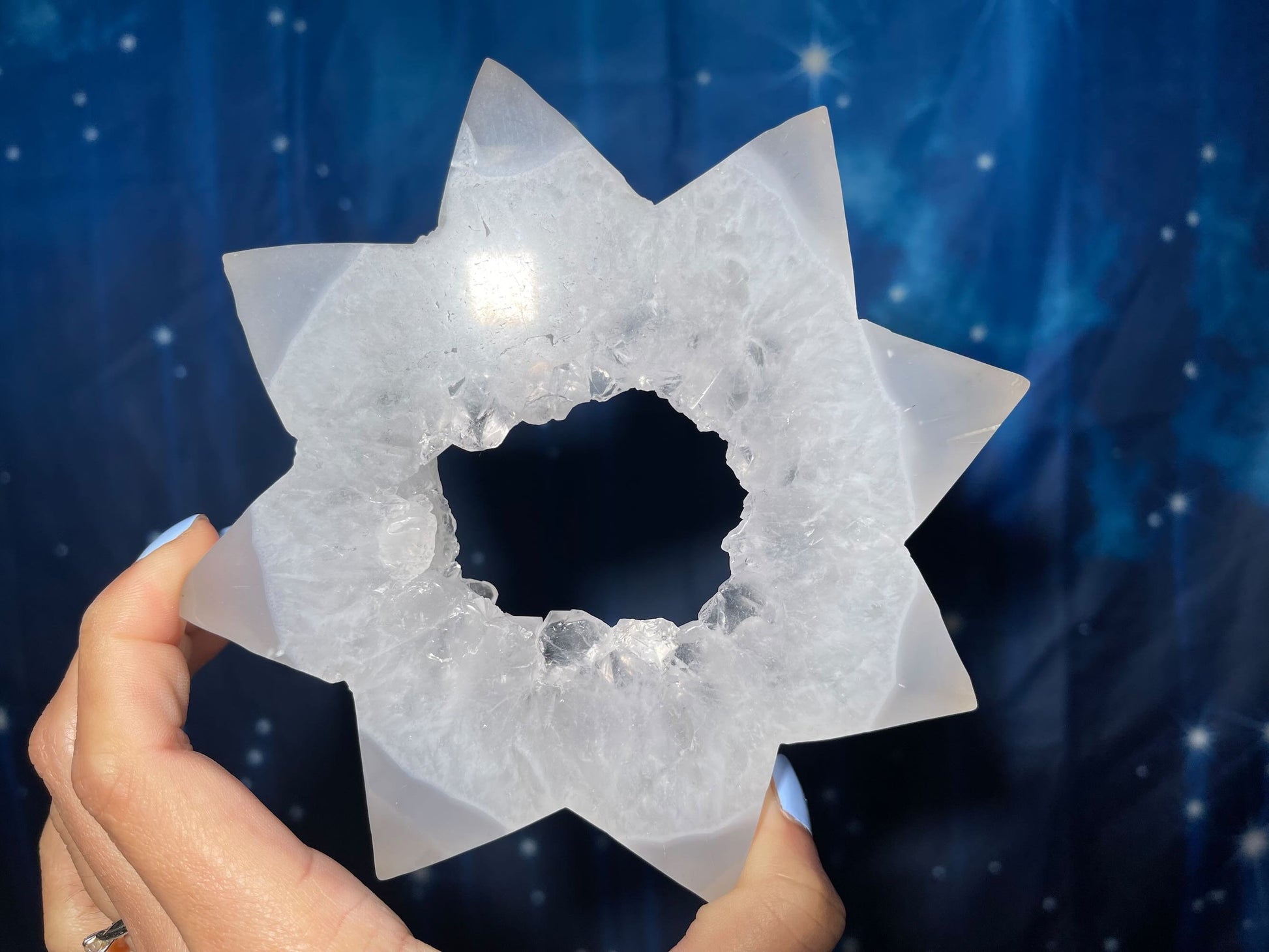 Druzy Agate sun carving | 5 3/4” long | 374 grams | Dendritic inclusion