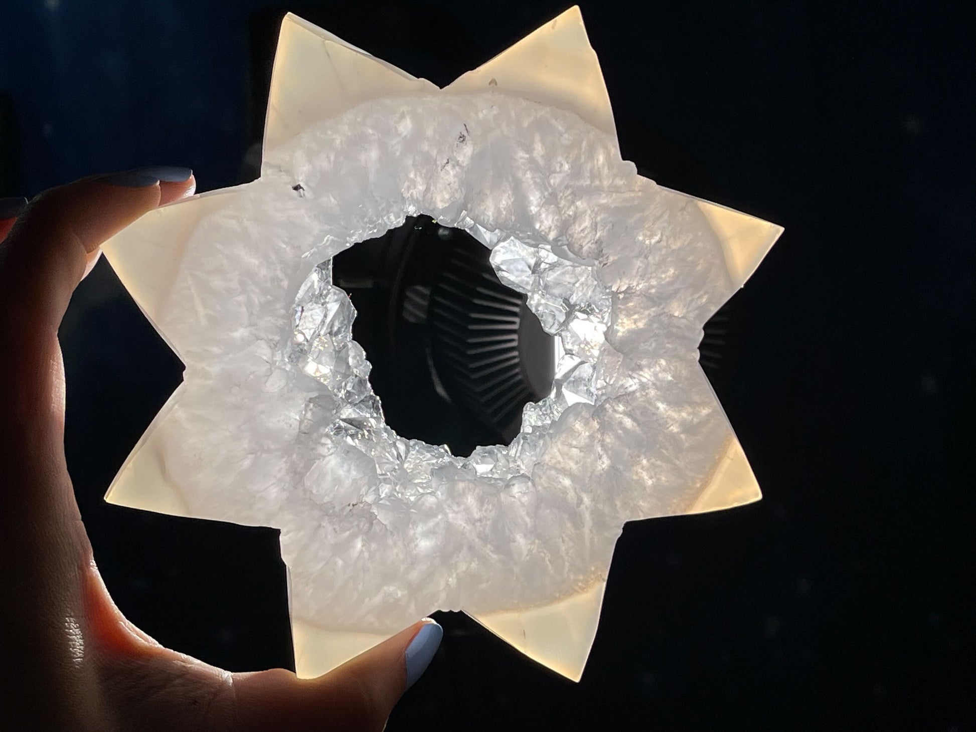 Druzy Agate sun carving | 5 3/4” long | 374 grams | Dendritic inclusion