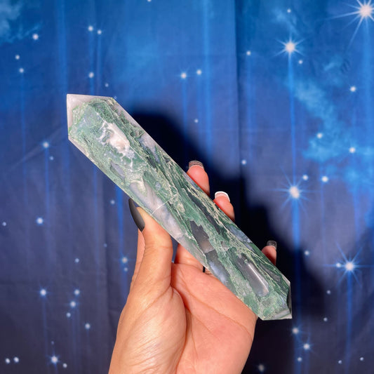 large Moss Agate DT | 7 7/8" long | 383 grams | Damage Discount | gorgeous Moss Agate DT | double terminated | green Moss Agate DT