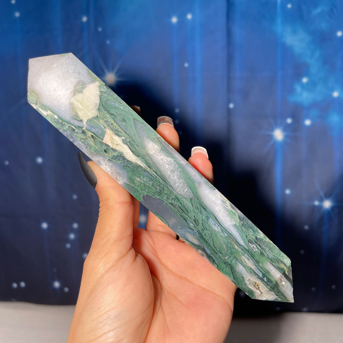 large Moss Agate DT | 7 7/8" long | 383 grams | Damage Discount | gorgeous Moss Agate DT | double terminated | green Moss Agate DT