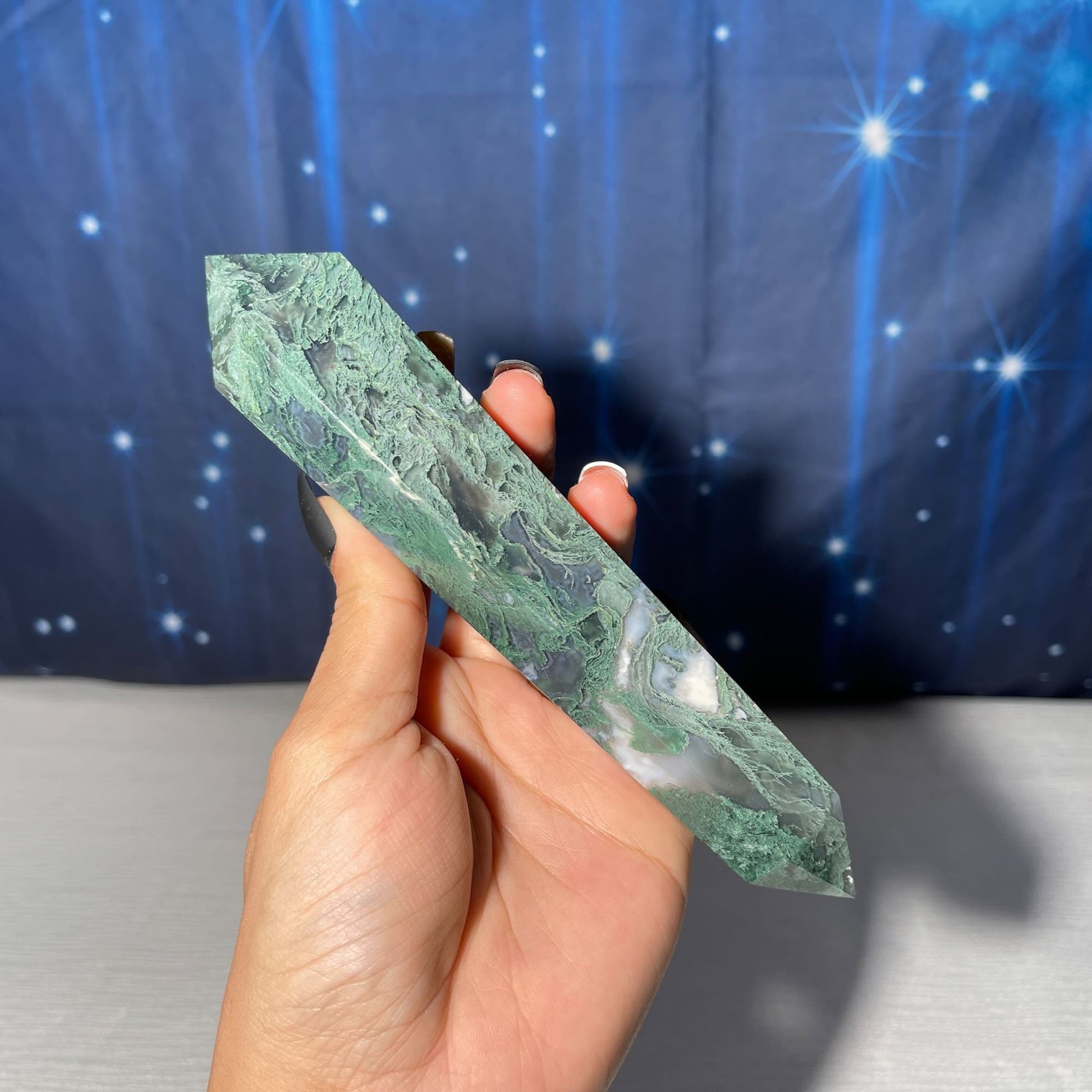 large Moss Agate DT | 7 1/8" long | 286 grams | gorgeous Moss Agate DT | double terminated | green Moss Agate DT