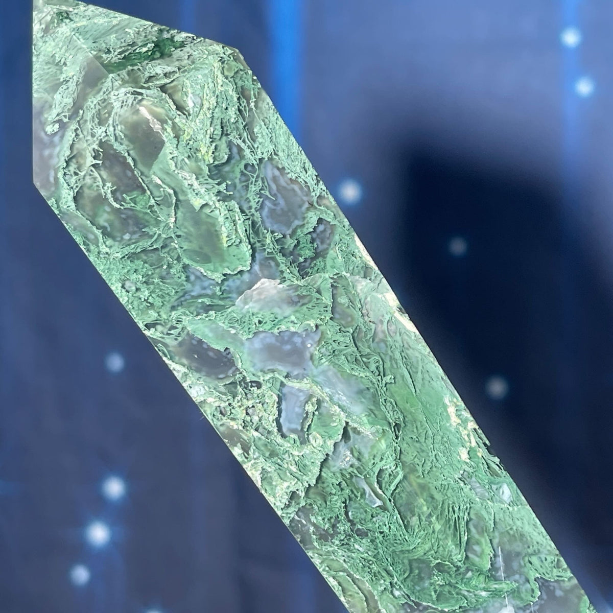 large Moss Agate DT | 7 1/8" long | 286 grams | gorgeous Moss Agate DT | double terminated | green Moss Agate DT