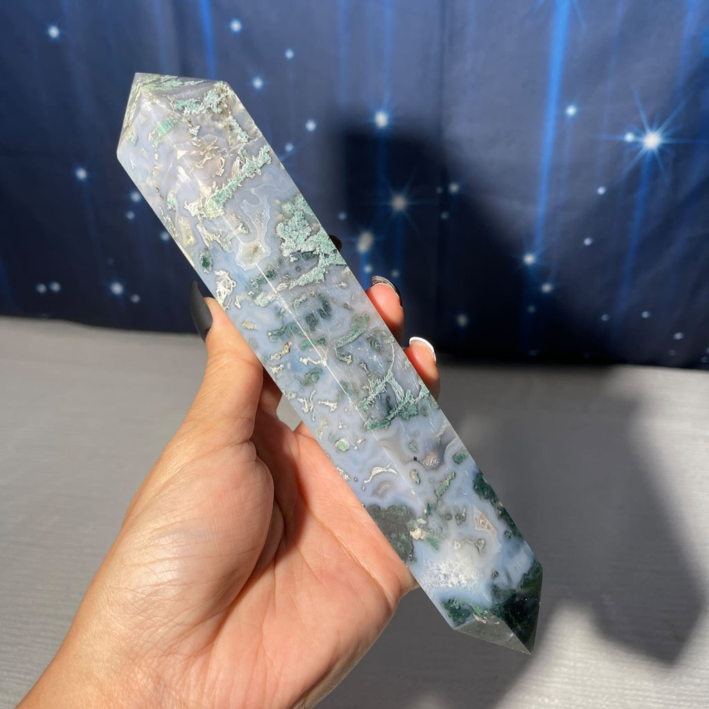 large druzy Moss Agate DT | 8 3/4" long | 519 grams | gorgeous Moss Agate DT | double terminated | green Moss Agate DT