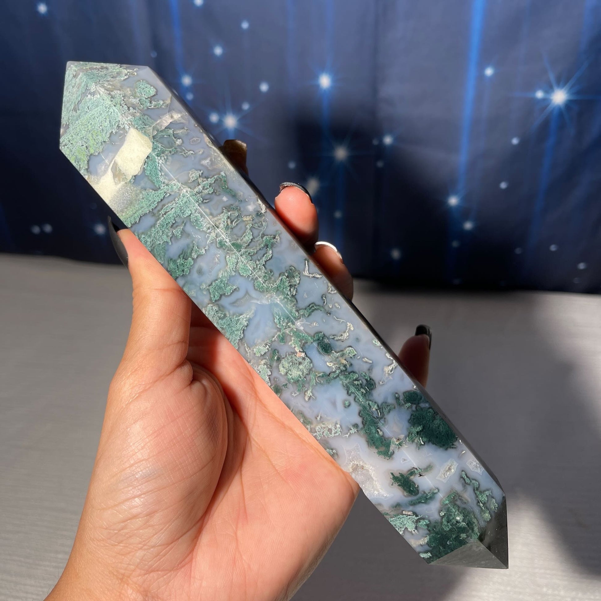 large druzy Moss Agate DT | 8 3/4" long | 519 grams | gorgeous Moss Agate DT | double terminated | green Moss Agate DT