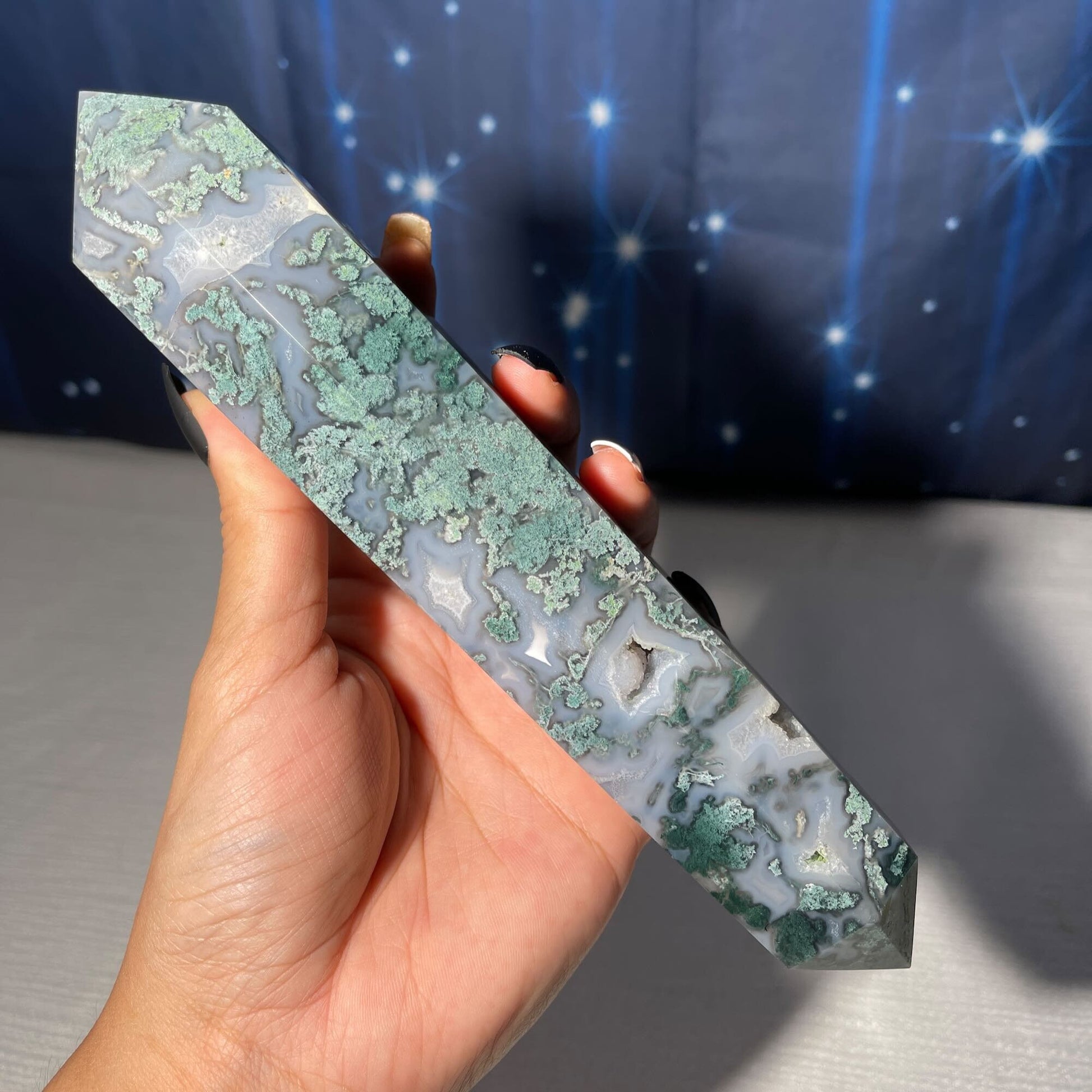 large druzy Moss Agate DT | 8 3/4" long | 519 grams | gorgeous Moss Agate DT | double terminated | green Moss Agate DT