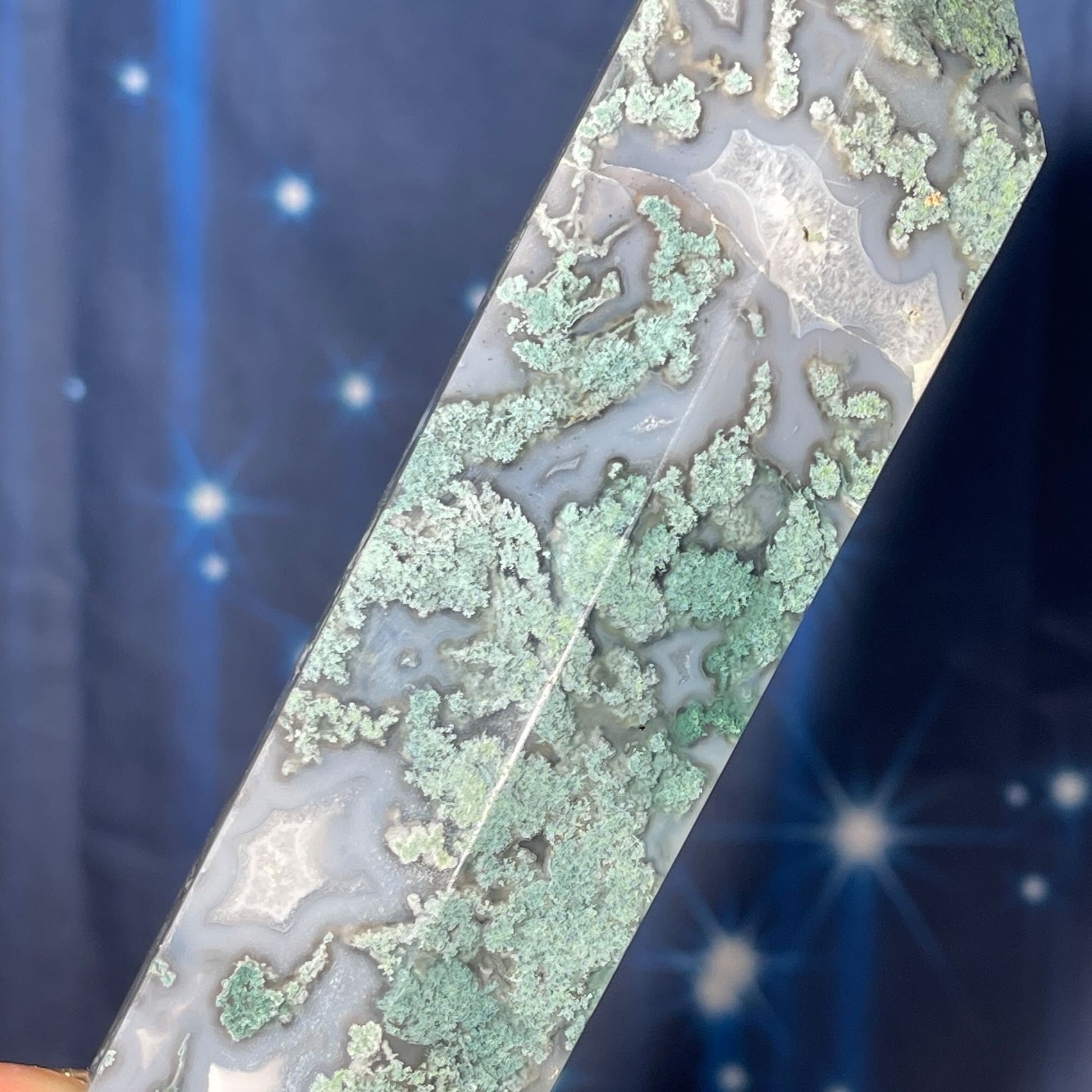large druzy Moss Agate DT | 8 3/4" long | 519 grams | gorgeous Moss Agate DT | double terminated | green Moss Agate DT