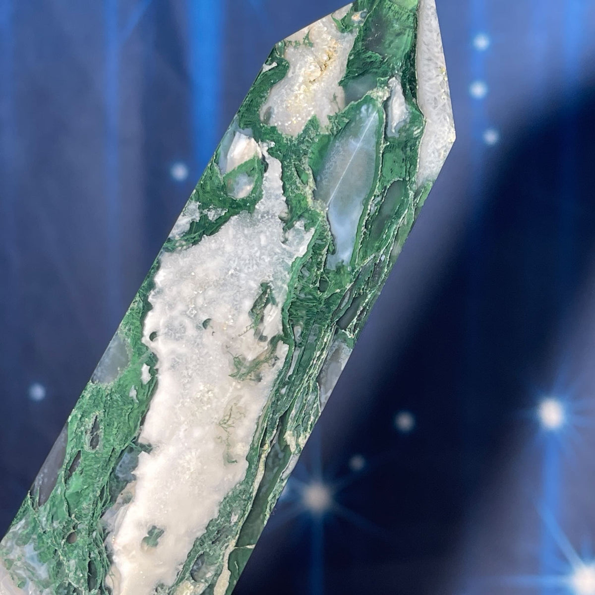 large Moss Agate DT | 7 7/8" long | 383 grams | Damage Discount | gorgeous Moss Agate DT | double terminated | green Moss Agate DT