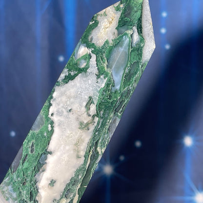 large Moss Agate DT | 7 7/8" long | 383 grams | Damage Discount | gorgeous Moss Agate DT | double terminated | green Moss Agate DT